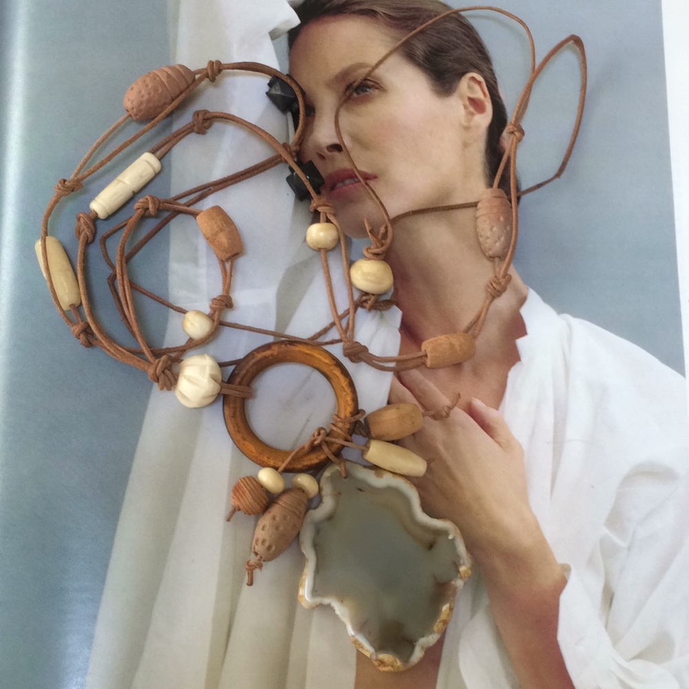 Beautiful vintage wood , bone , agate necklace